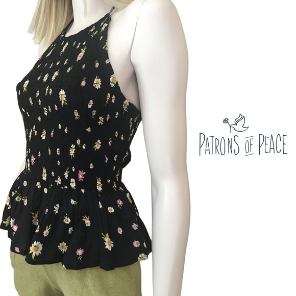 PATRONS OF PEACE Rayon Shirred Smocked Black Floral Halter Top Flounce Bottom - Picture 1 of 15